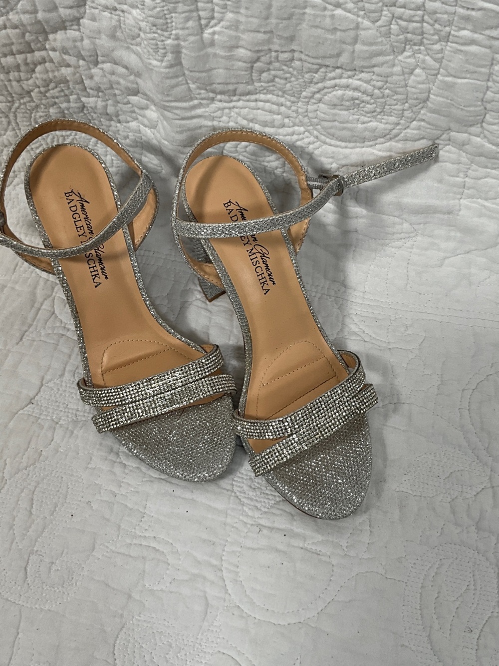 Badgley Mischka Silver Rhinestone Block Heel Sandals